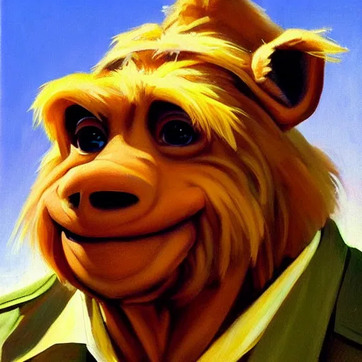 Image similar to greg manchess portrait painting of alf from the 8 0 s tv show alf, medium shot, asymmetrical, profile picture, organic painting, sunny day, matte painting, bold shapes, hard edges, street art, trending on artstation, by huang guangjian and gil elvgren and sachin teng