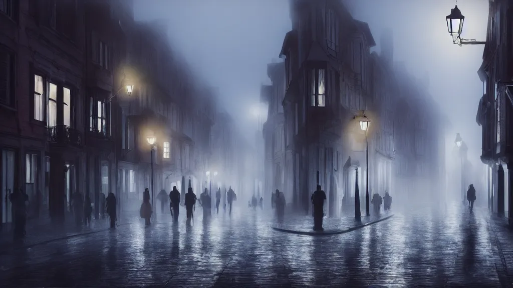 Image similar to many peoples on street of the old town with houses in the windows of which the light is on. early morning, fog on ground, wet street. mike barr painting. volumetric light, dull colors, dark, noir arthouse, 3 5 mm, hight detalied, hd, 4 k