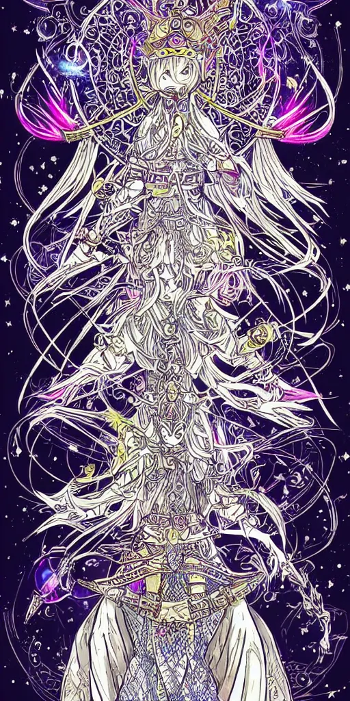 Image similar to a mage from final fantasy 14, intricate, amazing line work, cosmic, psychedelic, cheerful, colorful, tarot cards, empress tarot card