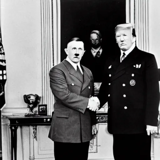 Image similar to Adolf Hitler shaking hands with Donald Trump in the oval office, press-photo, smiling, detailed