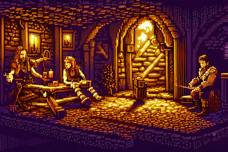 Image similar to the bard's tale, beautiful detailed pixelart by albertov, intricate details, beautiful, dithered gradients, volumetric lighting, cgsociety, artstation, smooth, sharp focus, 2 d illustration, amazing art by dan mumford, old school computer game graphics, pixel art