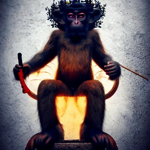 Image similar to monkey king godly lord of monkeys, wearing a crown, holding a staff, sitting in throne, dark lighting, dim lightning, red eyes, gothic dark style, black background, dark room, dusty old ruins 8 k render high detail