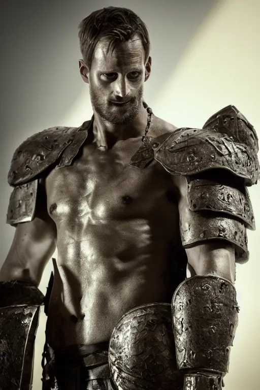 Prompt: photo of upper body of a heavily armoured hulking herculean chiseled alexander skarsgard as a humanoid deity, clothed in silk, heavily armoured, fantasy barbarian, sunrays, cinematic lighting, photorealistic, octane render, 8 k, depth of field, 3 d by titian