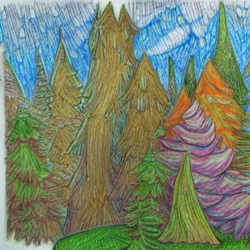 Image similar to Colored pencil art on paper, highly detailed, artstation, People, Plants and Trees, Animals, Magical Creatures, buildings, scenery, enchanted landscapes, PrismaColor