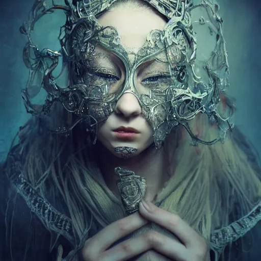 Image similar to Very very very very highly detailed epic central composition studio photography of face with venetian mask, intricate, dystopian, sci-fi, extremely detailed, digital painting, artstation, concept art, smooth, sharp focus, illustration, intimidating lighting, incredible art by Brooke Shaden