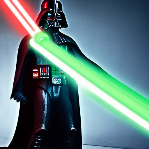 Image similar to A studio image of Darth Vader holding a green lightsaber, ray tracing, 4k, hyper detailed, studio lighting, movie set,