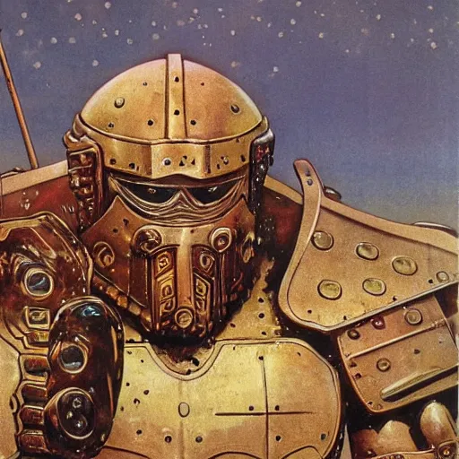 Prompt: giant haystacks in scifi warrior metal armour, by norman rockwell and boris vallejo