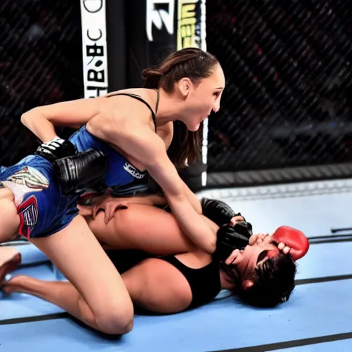 Prompt: gal gadot beating up ronda rousey in a mma fight