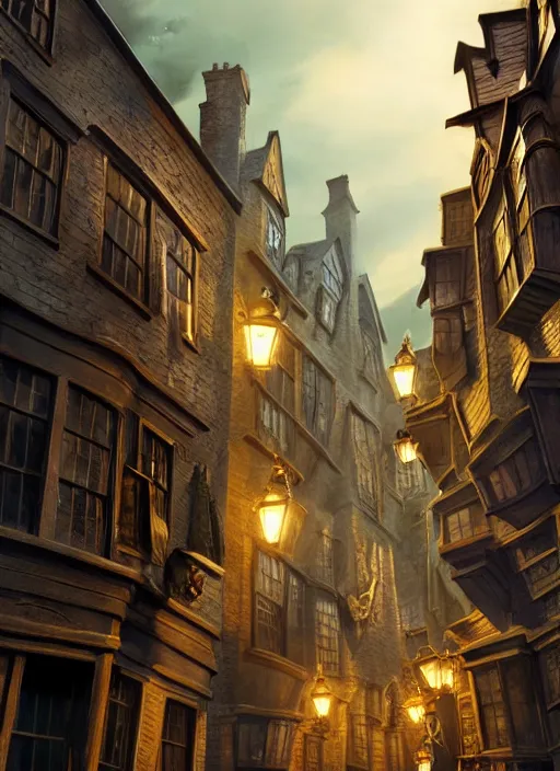 Prompt: diagonalley from the harry potter movie, dramatic lighting, cinematic, establishing shot, extremly high detail, foto realistic, pirates of the carribean, cinematic lighting, post processed, concept art, artstation, matte painting, style by eddie mendoza, raphael lacoste, alex ross