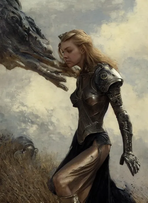 Image similar to natalie dormer wearing black medieval armour, bare legs, detailed, by gaston bussiere, bayard wu, greg rutkowski, giger, maxim verehin, greg rutkowski, masterpiece, sharp focus, cinematic lightning