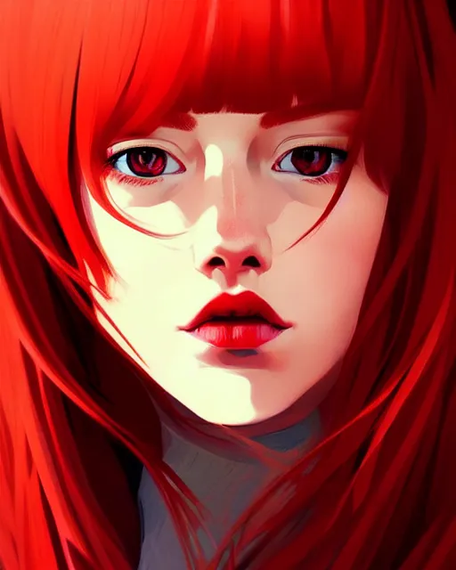 Image similar to a detailed portrait of an attractive!!!! woman with red hair and freckles by ilya kuvshinov, digital art, dramatic lighting, dramatic angle