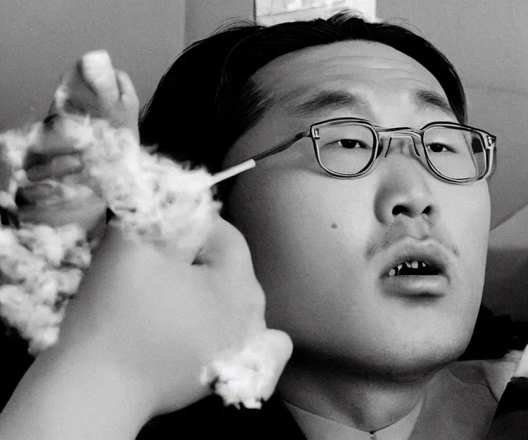 Image similar to hyperralism pineapple express movie still photography of real detailed north korean kim chen with detailed face smoking detailed weed in detailed basement bedroom hyperrealism photography by araki nobuyoshi