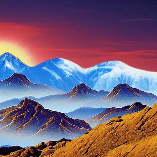 Prompt: mountain range with exploding sun