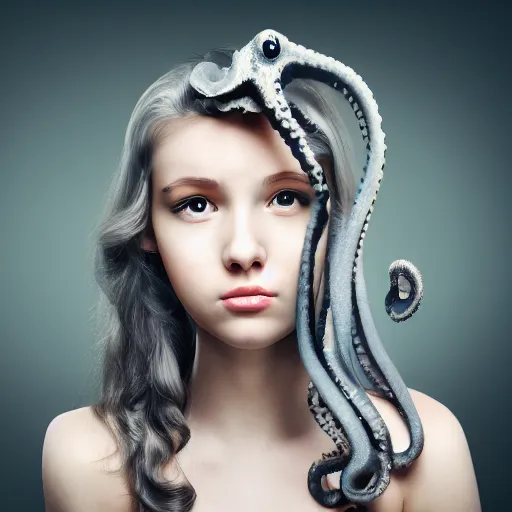 Image similar to girl with a gray octopus for hair, beautiful face, pretty face, photorealistic, 4 k resolution, wide angle lens, 1 5 mm, depth of field, serene, digital art.