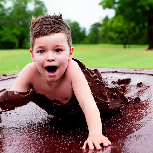 Image similar to kid sliding down chocolate pudding slip n slide head first, professional photo taken at the park