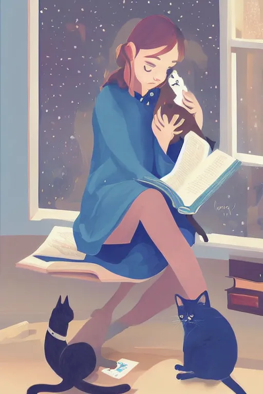 Image similar to a digital painting of a girl reading a book with a cat in A comfortable study room at night,JK uniform ,Hairdryer,blue theme,geometric shapes,S line,hard edges, by krenz cushart and liduke