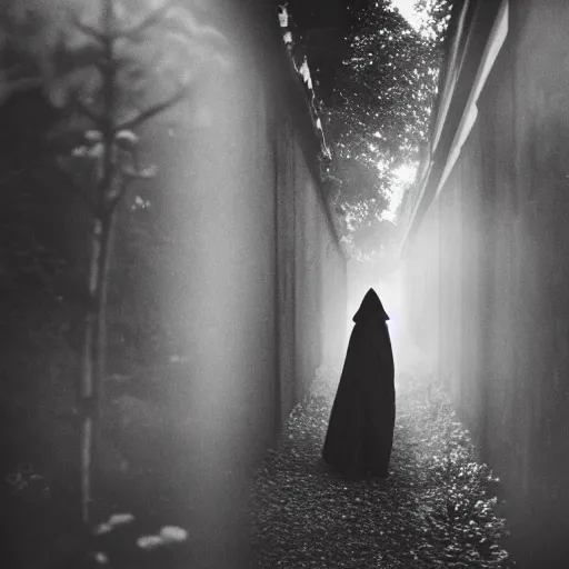 Image similar to gritty film photo of veiled figure walking through garden, black and white film photo, black and white picture, gain and film scratches, moody lighting, realistic, ultra fine details
