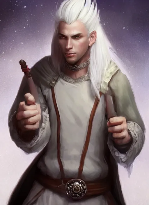 Prompt: young man with white hair and white goatee, dndbeyond, bright, colourful, realistic, dnd character portrait, full body, pathfinder, pinterest, art by ralph horsley, dnd, rpg, lotr game design fanart by concept art, behance hd, artstation, deviantart, hdr render in unreal engine 5