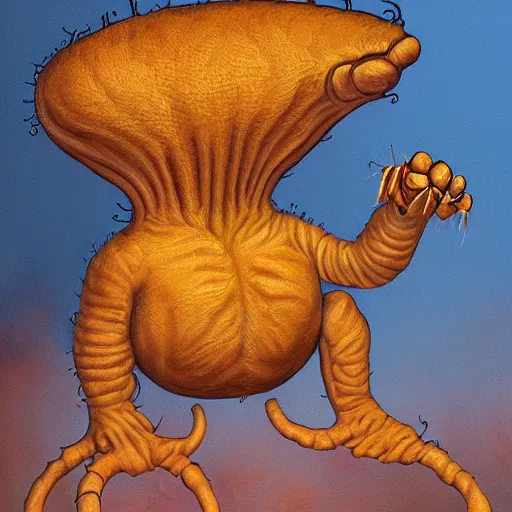 Image similar to painting of an alien creature that looks like garfield, in the style of wayne barlowe
