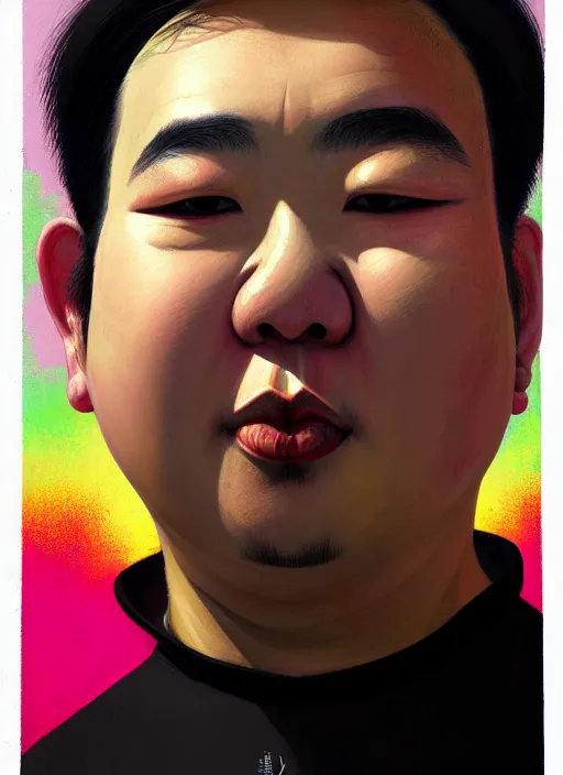 Image similar to portrait of a plump thai man with a crooked nose and a confident expression, 1 9 6 0 s, black clothes, goth, punk, brightly coloured hair, funk, intricate, elegant, highly detailed, digital painting, artstation, concept art, smooth, sharp focus, illustration, art by wlop, mars ravelo and greg rutkowski