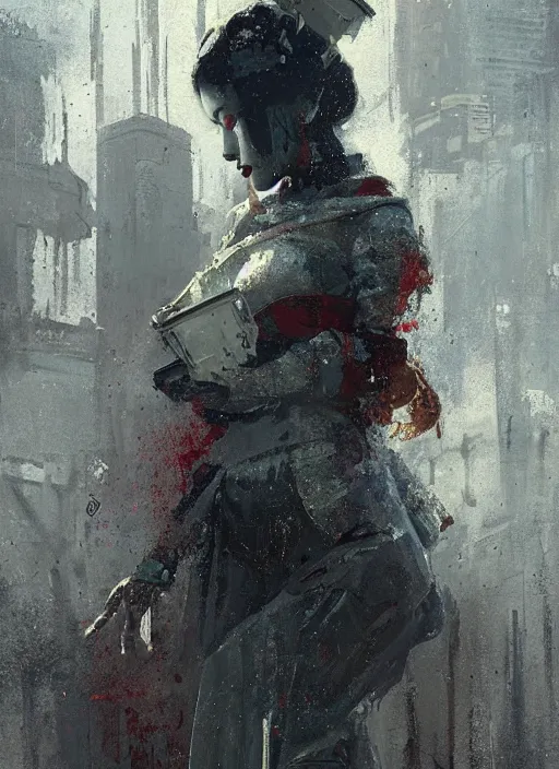 Prompt: geisha robot, rule of thirds, intricate outfit, spotlight, by greg rutkowski, by jeremy mann, digital painting