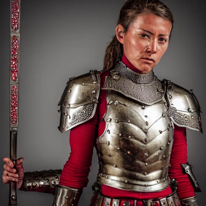 Prompt: photograph of a real-life female warrior with ruby encrusted armour. Extremely detailed. 8k