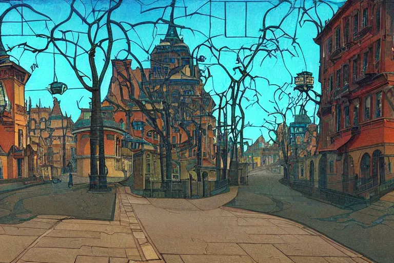 Image similar to tree-lined street in a very old very beautiful city by Gustav Bauernfeind and Nicholas Roerich, ornate wrought iron, strong dramatic cinematic lighting , colorful tiled architecture, lost civilizations, smooth, sharp focus, extremely detailed