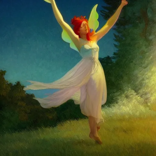 Prompt: A beautiful dancing fairie, cinematic lighting, soft bokeh, fantasy, modern, colourful, highly detailed, digital painting, artstation, deviantart, concept art, sharp focus, illustration, by Edward Hopper and Rene Magritte and Alphonse Mucha