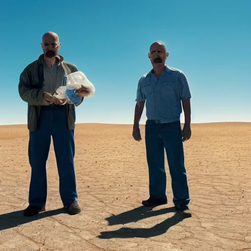 Image similar to Ted bear and walter white holding ziploc bags of crystal blue meth, in the desert, film still, 4k, photorealistic, hd