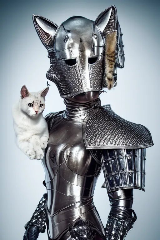 Image similar to female knight wearing a real cat on her head, armor designed by wayne barlowe, swarovski and tiffany, blonde hair, symmetry, sci - fi, cinematic, elegant, luxury, perfect light, perfect composition, dlsr photography, sharp focus, dark fantasy, 4 k, ultra hd, sense of awe, highly detailed, realistic, intricate