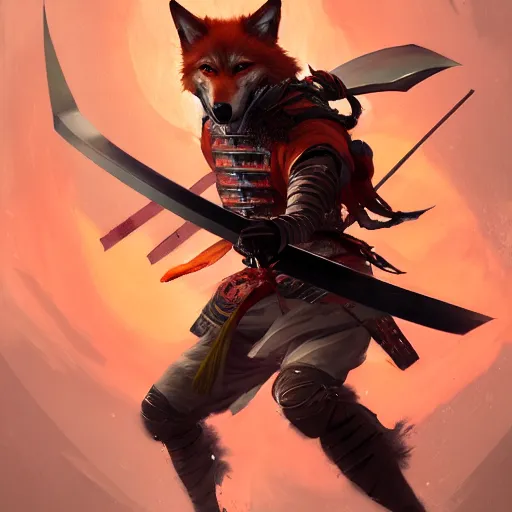 Image similar to commission portrait of a orange wolf dressed as a samurai holding a katana,dramatic,character design by charles bowater,greg rutkowski,ross tran,hyperdetailed,hyperrealistic,4k,deviantart,artstation,professional photography,concept art