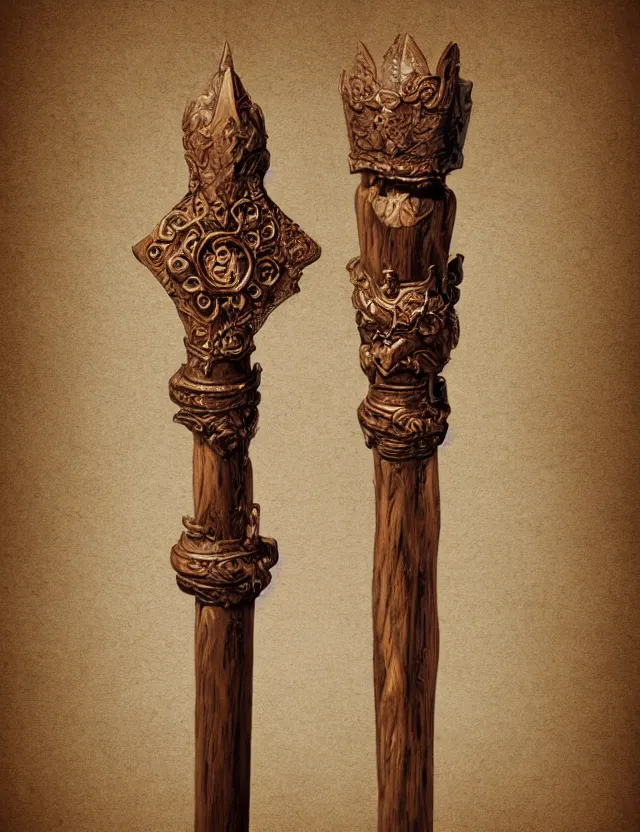 Image similar to medium shot of an ornate wooden staff, fantasy illustration, medieval era, blank background, studio lighting, hand - drawn digital art