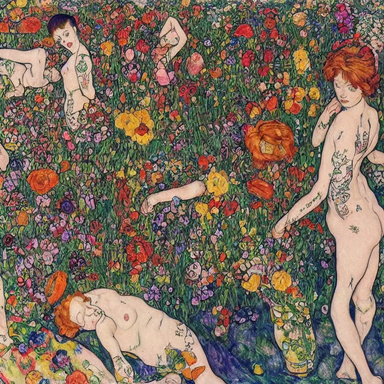 Image similar to a ginger lady with a pixie cut and covered in tattoos dancing by the riverside in a garden full of huge flowers by tivadar csontvary kosztka and egon schiele