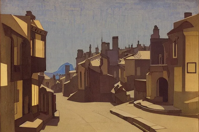 Image similar to winding street at midnight in a very old very beautiful city by George Price Boyce and Nicholas Roerich and William Dyce, glowing paper lanterns, strong dramatic cinematic lighting , ornate tiled architecture, lost civilizations, smooth, sharp focus, extremely detailed