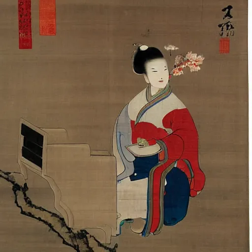 Prompt: the Chinese ancient painting of a lady playing the piano in Tang Dynasty , by Han Xizai