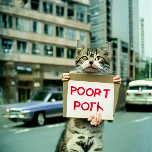 Prompt: cute cat holding sign kodak portra 4 0 0 color negative film