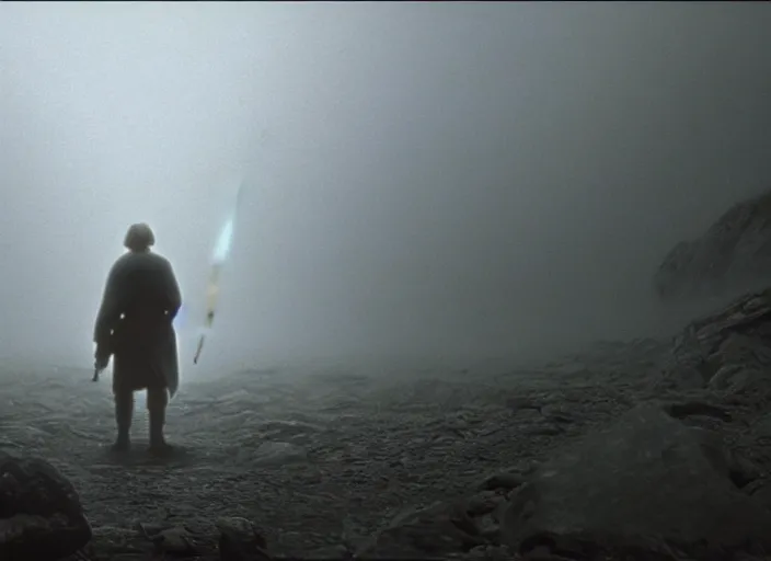 Image similar to epic still of luke skywalker using lightsaber in foggy environment, approaching an ancient temple in the distance, female sith lord in the distance, iconic scene from the 1980s film directed by Stanley Kubrick, cinematic lighting, kodak film stock, strange, hyper real, stunning moody cinematography, with anamorphic lenses, crisp, detailed portrait, 4k image