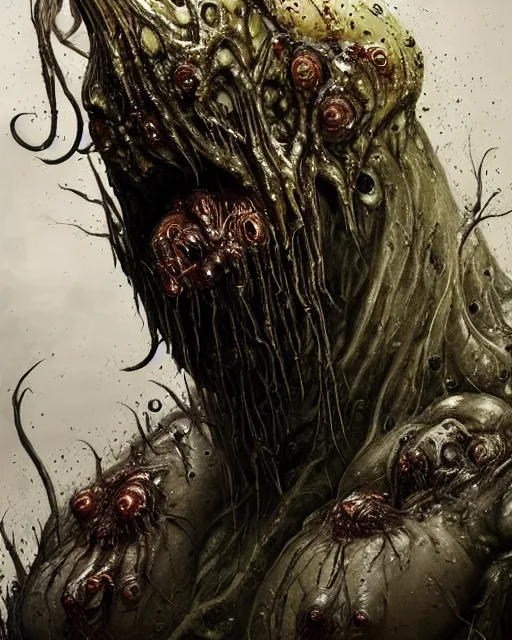 Prompt: Dark fantasy Painting of a hulking muscular EXTRATERRESTRIAL flesh creature covered in boils with fish eyes with drool dripping from its mouth, hr giger muscles, tentacles growing from its face, disgusting, creepy, unsettling, horror, upper body, intricate, wild, highly detailed, digital painting, artstation, concept art, smooth, sharp focus, illustration, art by artgerm and greg rutkowski and alphonse mucha