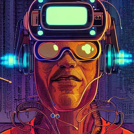 Image similar to a portrait of a cybernetic man wearing virtual reality headset, smoking a cigarette, wires, cyberpunk concept art by josan gonzales and philippe druillet and dan mumford and enki bilal and jean claude meziere