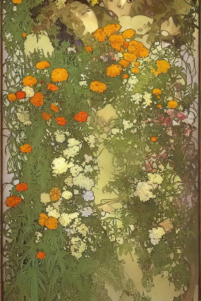 Prompt: atmospheric fresco texture painting of a garden full of ferns, marigold flowers by alphonse mucha