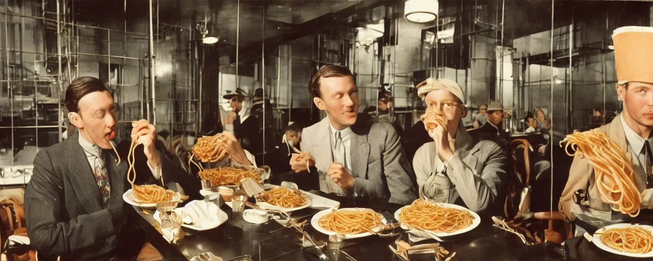 Prompt: eating spaghetti while building the empire state building, 1 9 4 0, kodachrome, in the style of wes anderson, retro