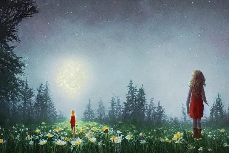 Image similar to giant daisies flowers head, girl walking in dark forest, surreal photography, dark night, stars, moon light, impressionist painting, clouds, digital painting, artstation, simon stalenhag