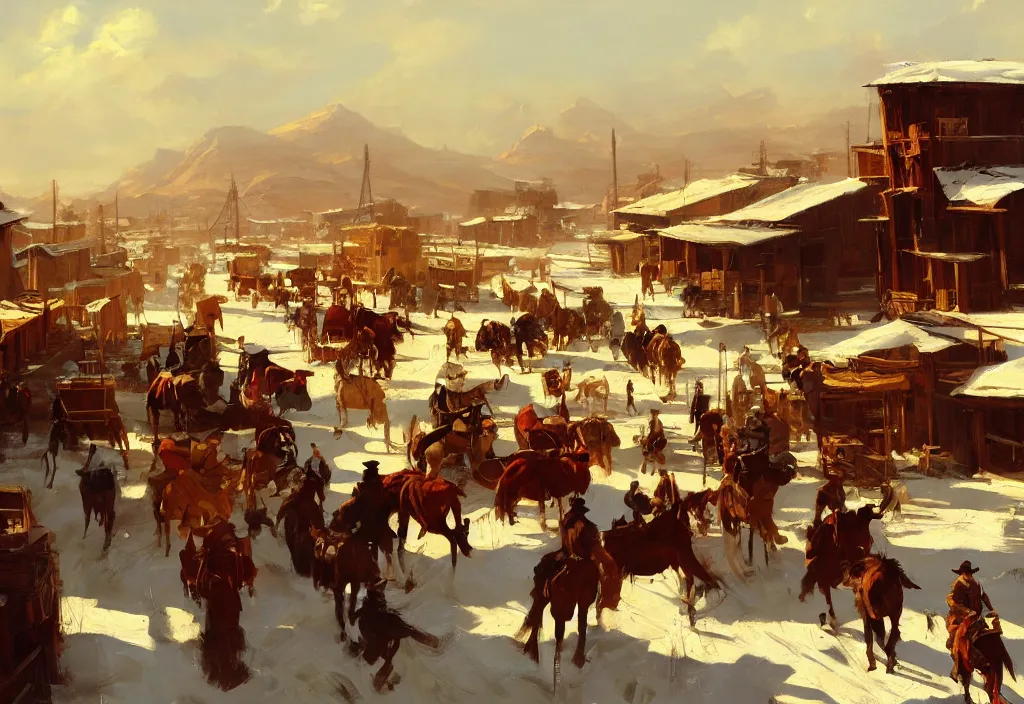 Image similar to greg manchess painting of a wild west town landscape with no person nor horse in the painting only buildings in the year 1 8 5 0, in winter, painting, trending on artstation, by huang guangjian and gil elvgren and sachin teng