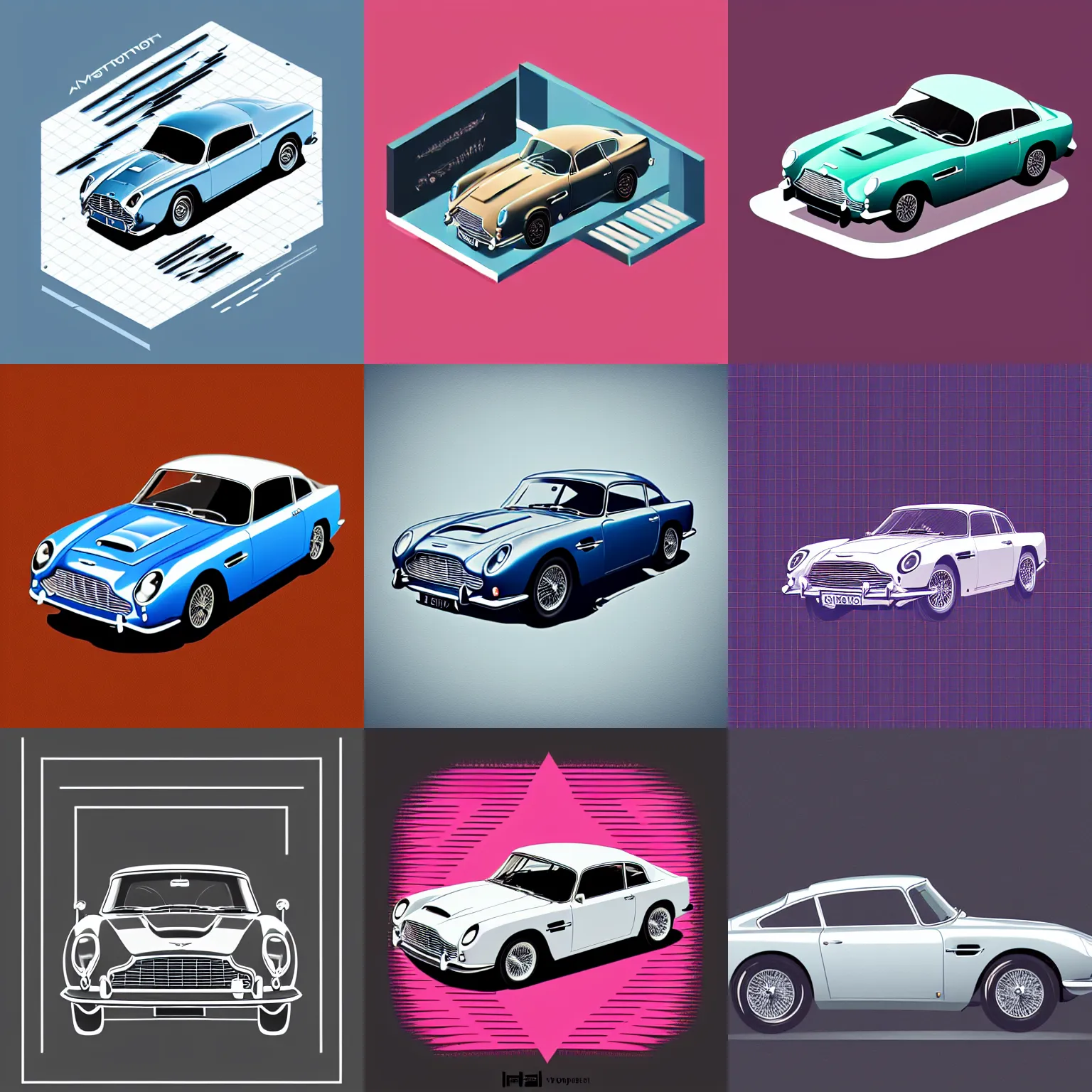 Prompt: Aston Martin DB5, synthwave style, isometric illustration, technical drawing, vector art