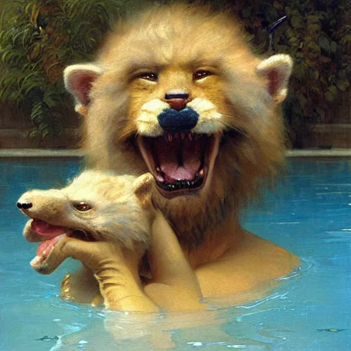 Image similar to a portrait of an very furry human with an animal's head in the pool, furry body, furry arms, furry legs, furry tail. highly detailed painting by gaston bussiere, craig mullins, j. c. leyendecker, furry