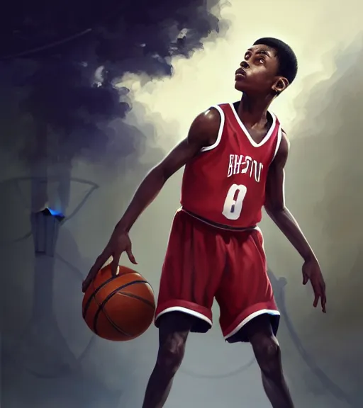 Prompt: portrait of a boy at a basketball court playing basketball wearing a basketball uniform in a basketball court, poised, intense emotion, detailed facial expression, detailed surroundings, intricate, elegant, highly detailed, centered, digital painting, artstation, concept art, smooth, sharp focus, illustration, by Peter Mohrbacher, WLOP