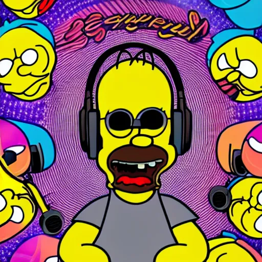 Image similar to svg sticker of a Homer-Simpson at a rave, spinning records, giant headphones rocking out, wearing headphones, huge speakers, dancing, rave, DJ, spinning records, digital art, amazing composition, rule-of-thirds, award-winning, trending on artstation, featured on deviantart