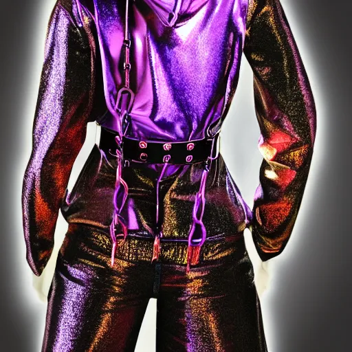 Prompt: fashion drawing of a purple metallic shiny steam punk hoodie vest with red metallic belts and buttons and chains, big collar, big shoulder polster, short sleeves, very detailed, elaborate, purple neon light, soft white light from front - w 1 0 2 4 - h 1 0 2 4 - n 4 - s 1 5 0