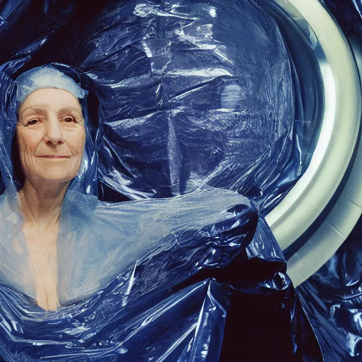 Prompt: closeup portrait of a woman wrapped in dark blue cellophane, standing in an empty planetarium, color photograph, by paula rego, canon eos c 3 0 0, ƒ 1. 8, 3 5 mm, 8 k, medium - format print