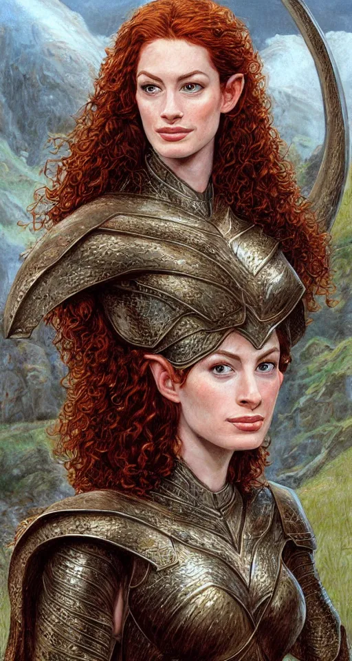 Prompt: Detailed painting of a curly redhead anne hathaway wearing elven armor portrait by Ted Nasmith